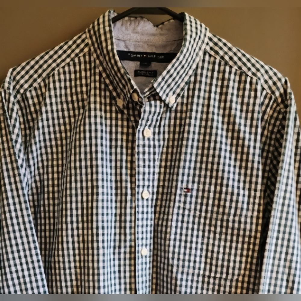 Tommy Hilfiger Men's Shirt Checkered Long Sleeve Button-down Green & White Sz L